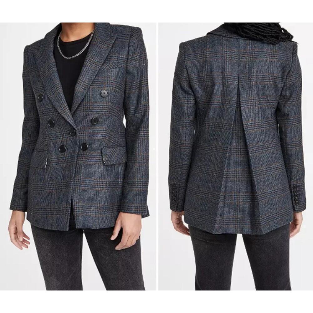 Veronica Beard Yareli Blazer Jacket Wool Glen Plaid Gray Blue Double Breasted 0 - Picture 4 of 9